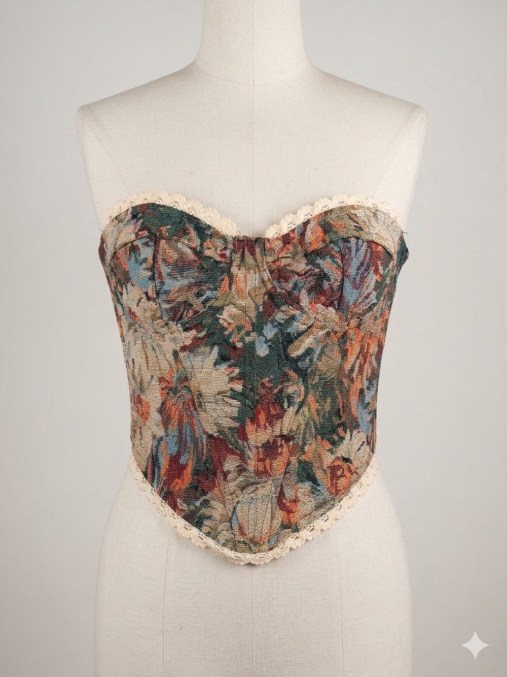 Floral Tapestry Corset Top with Lace Trim NWOT